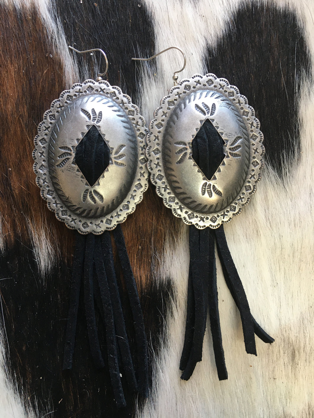 Large Oval Concho Fringe Earrings
