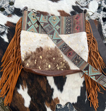 Load image into Gallery viewer, Metallic Gold Cowhide &amp; Turquoise Leather Medium Crossbody
