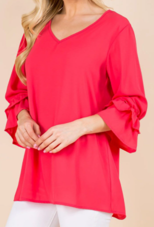 Coral Ruffled 3/4 Sleeve Blouse